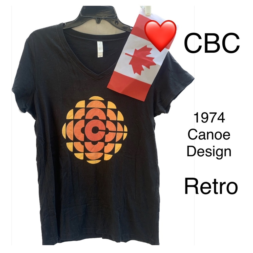 ❤️ 🇨🇦 CBC 1974 ‘Canoe’ Black V-Neck tshirt, retro & vintage